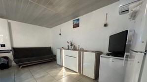 A compact living space with a sofa, a kitchenette, a television, and a refrigerator. - Apartment near the beach and local shops in a quiet neighborhood (Saint-Cyprien)