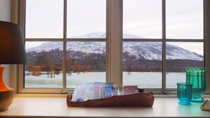 Ett fönster med utsikt över ett snötäckt berg och en sjö.