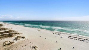 A beach with rows of beach chairs and umbrellas, a sandy shore, and the ocean.