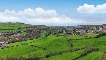A rural landscape with fields, stone walls, and a small village.