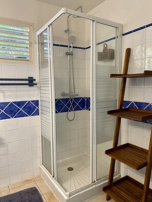 Shower, hair dryer, towels, soap