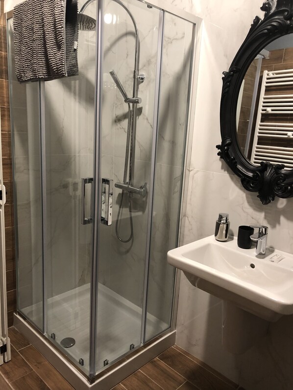 Une douche en verre avec un pommeau de douche à main, un lavabo fixé au mur et un miroir doté d’un cadre orné.