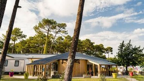 A modern mobile home with a metal roof and wooden exterior, surrounded by trees and a grassy area. - Mobile home 40 m²+veranda in the 3-star vacation park les Dunes de Contis 4 km from the beach (Saint-Julien-en-Born)