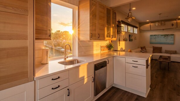 Une cuisine moderne avec des meubles en bois, un lave-vaisselle et une grande fenêtre donnant sur l’extérieur.