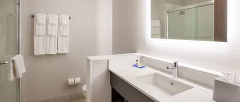 A modern bathroom with a glass shower enclosure, a white sink with a dark countertop, and a large mirror above the sink.