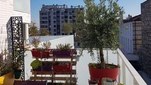 Un jardin sur le toit, agrémenté de plantes en pot et d’une petite statue.