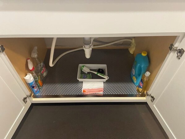 A kitchen sink with a dish soap bottle, a toothbrush, and a sponge.