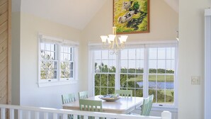 A dining area with a table and chairs, large windows with a view of a lake, and a painting on the wall. - Lauren Lee: Private Pool, Hot Tub, Golf Discounts (Nags Head)