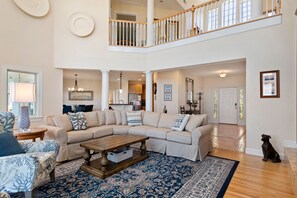 A spacious living room with a large sectional sofa, a coffee table, and a patterned rug. - All About The View: Private Pool, Amazing Sunsets (Corolla)