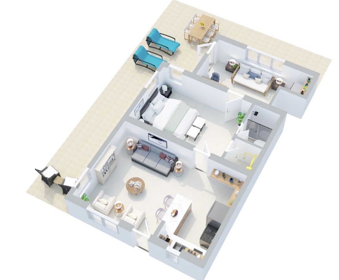 Plano de planta en 3D de una habitación de hotel con sala de estar, kitchenette y dormitorio independiente.