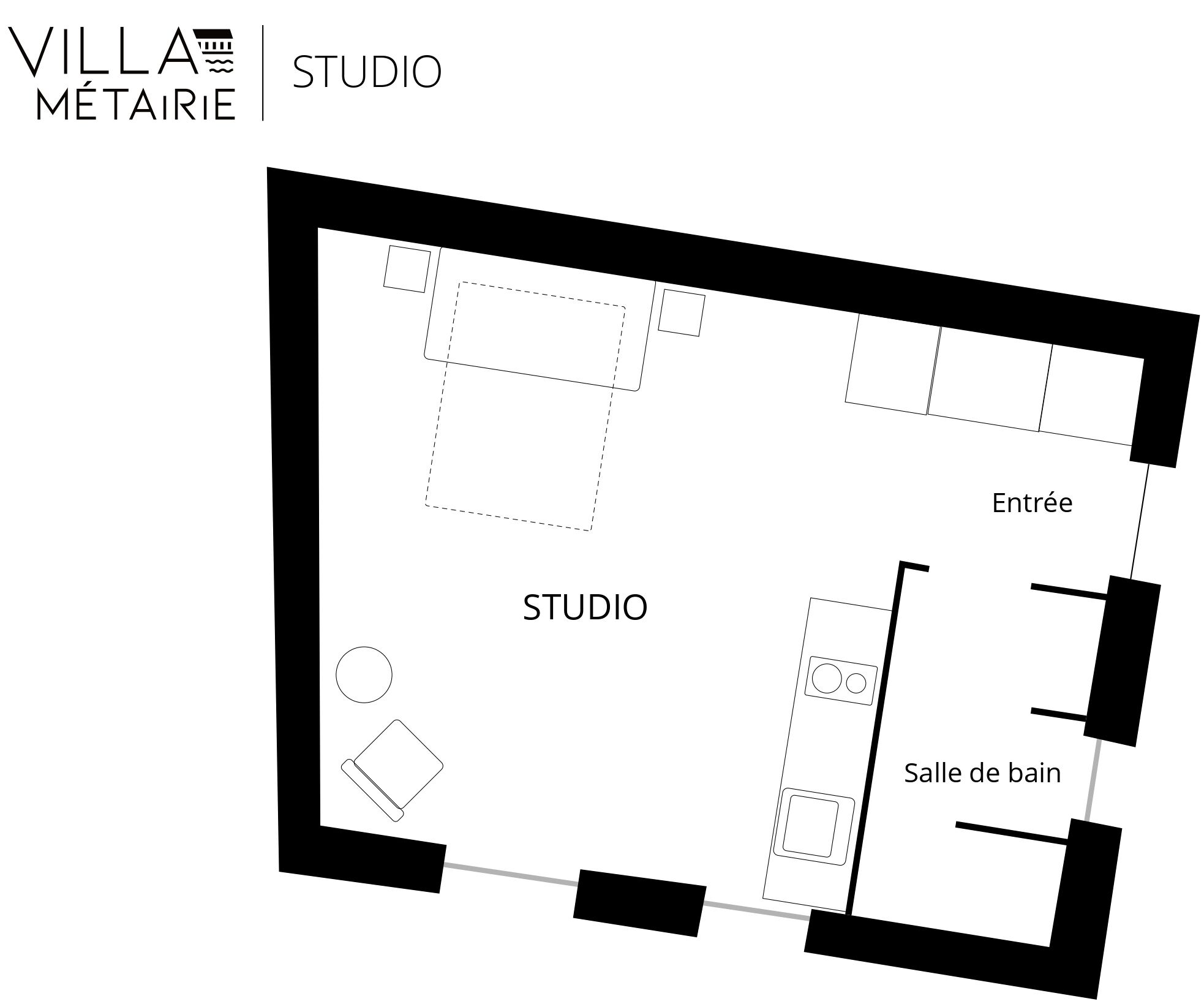 A floor plan of a studio apartment with a studio area, entrance, and bathroom.