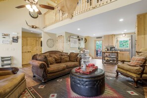 Smart TV, fireplace, books