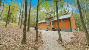A rustic cabin with a gravel driveway, surrounded by tall trees and a clear blue sky.