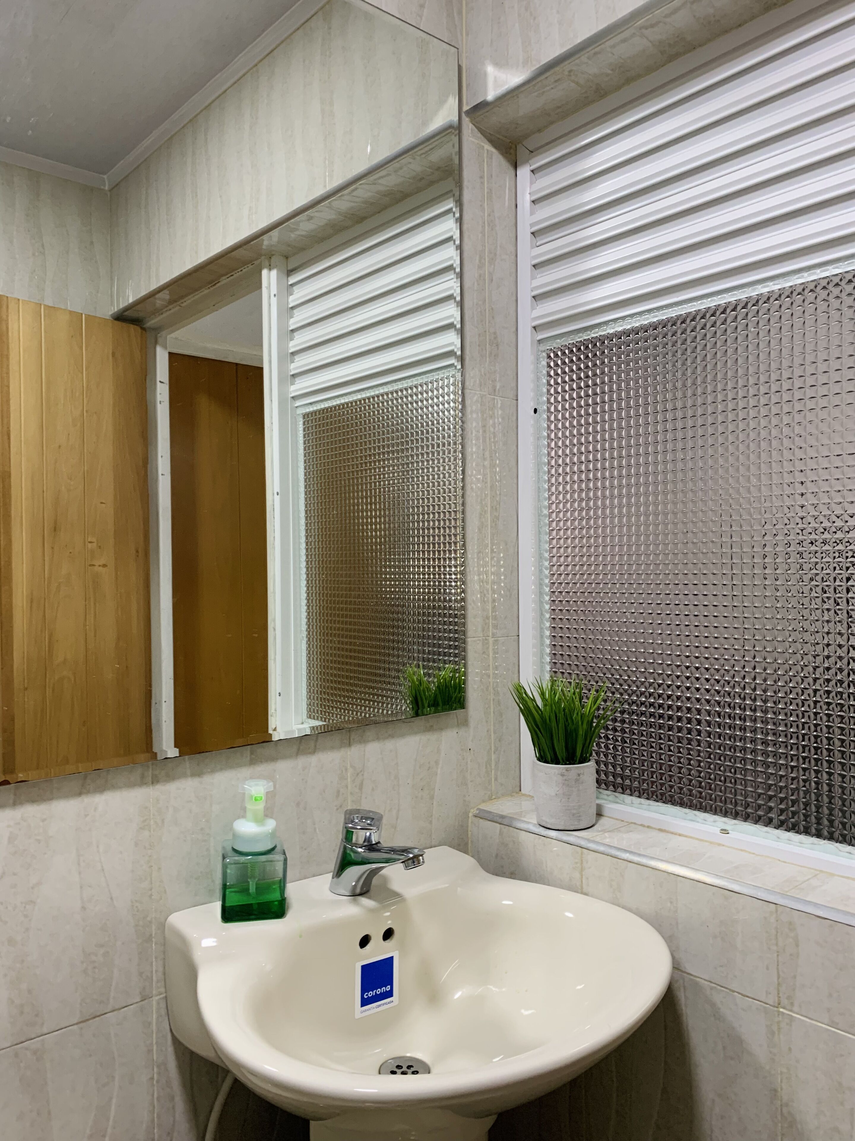 Shower, towels, soap, toilet paper