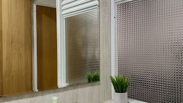 Shower, towels, soap, toilet paper