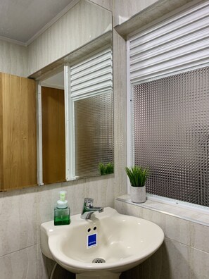 Regadera, toallas, jabón, papel de baño