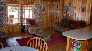 Ein gemütliches Blockhaus-Interieur mit Holzwänden, einem Glastisch, zwei Sofas, einem Esstisch und einer Bücherwand voller Bücher und DVDs.