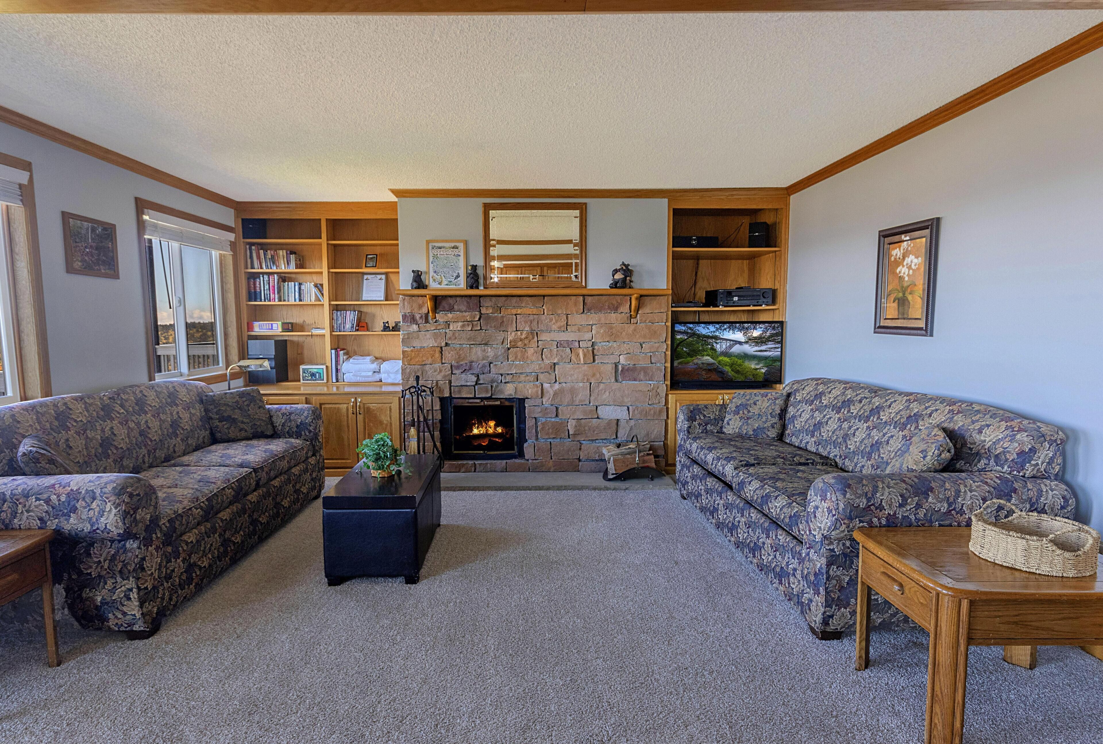 電視、壁爐、DVD 播放機、影像庫