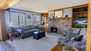 Televisión, chimenea, reproductor de DVD y videoteca