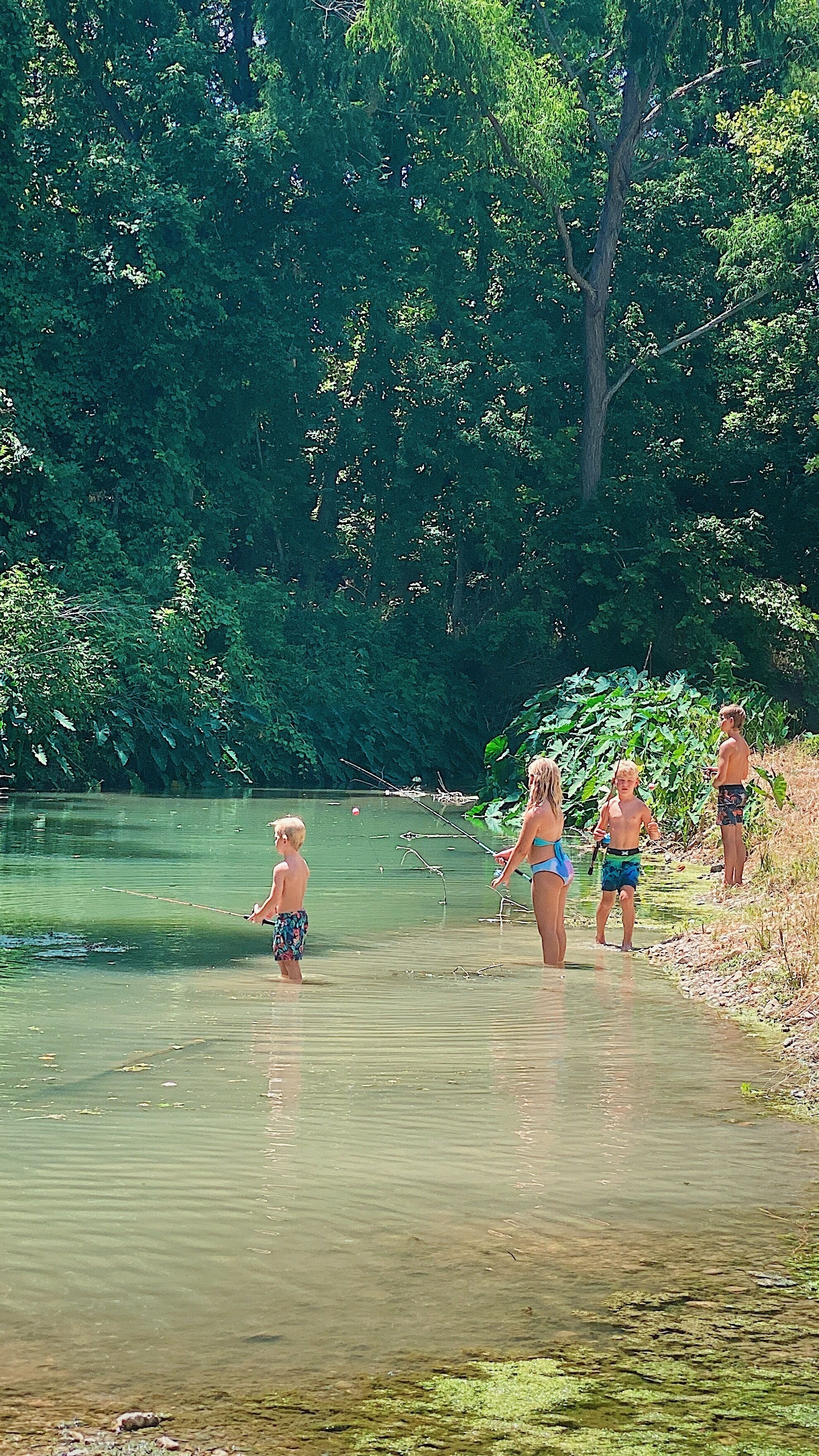 A group of people near a riverbank, with dense greenery in the background.