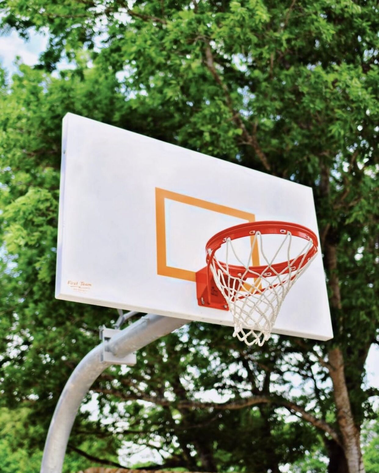 Un panier de basket avec un panneau blanc et un bord orange, se détachant sur un fond de verdure.