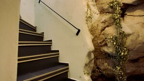 A staircase with a handrail, leading to a room with a stone wall and a plant.