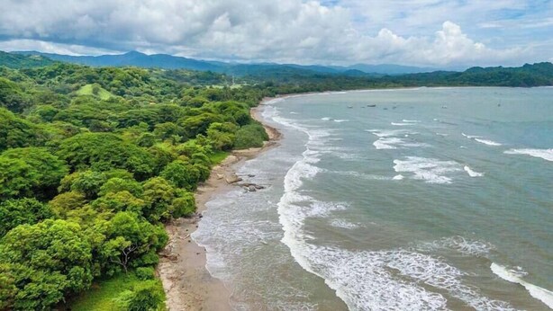 Un paysage côtier avec une plage, une végétation luxuriante et des montagnes à l’horizon.