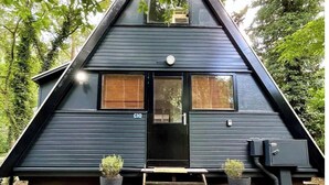 A dark-colored, triangular-shaped cabin with a front door, two windows with blinds, and a small porch with steps and potted plants.
