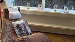 A wicker lounge chair with a pillow featuring a dog image, positioned by a window with decorative items on the sill.