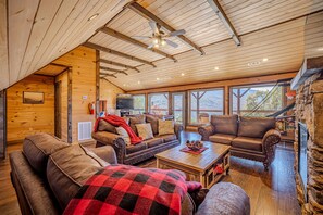 Smart TV, fireplace, video games, DVD player