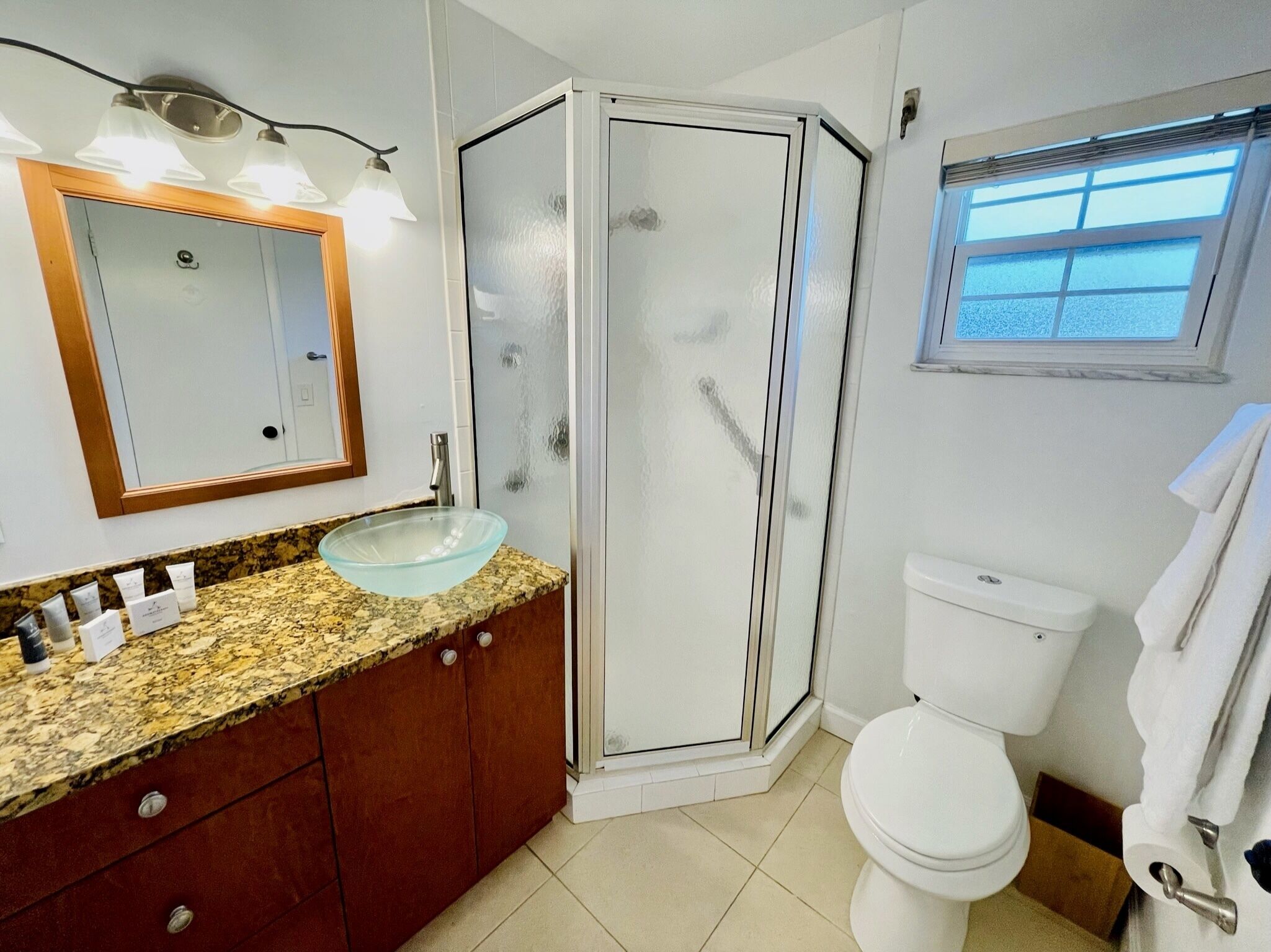 Un bagno con box doccia in vetro, un WC bianco, un lavabo con piano in granito e uno specchio con luci soprastanti.