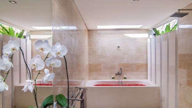 Une salle de bain moderne avec une baignoire, des plantes orchidées et une cabine de douche en verre.