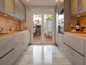 Fridge, microwave, oven, dishwasher