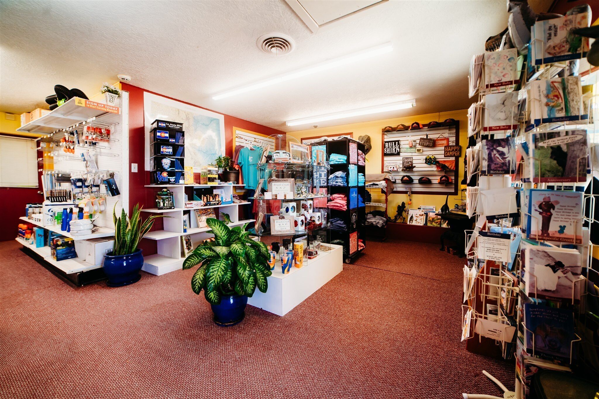 A retail store with shelves stocked with various products, a central display area, and a section with greeting cards.