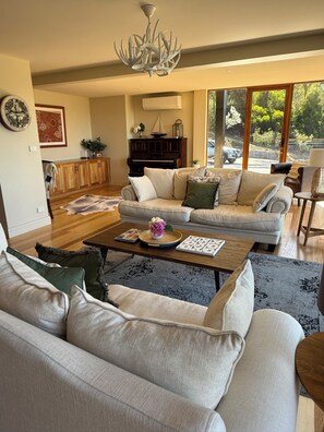 Smart TV, fireplace, books, stereo