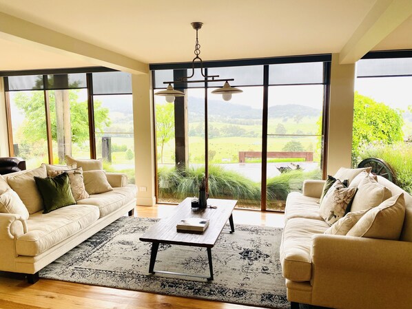 Smart TV, fireplace, books, stereo