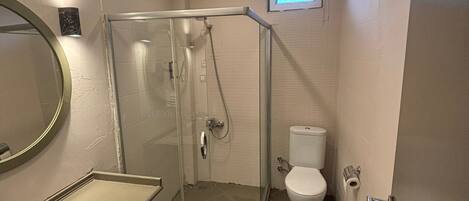 Un baño moderno con ducha envuelta en cristal, inodoro y lavamanos con espejo.