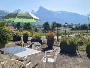 An outdoor seating area with a table and chairs, surrounded by potted plants and a green umbrella. - Family-friendly townhouse with 2 apartments - ideal for large families (Morillon Village)