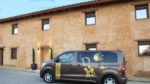 A brown van parked in front of a building with a textured facade and multiple windows.