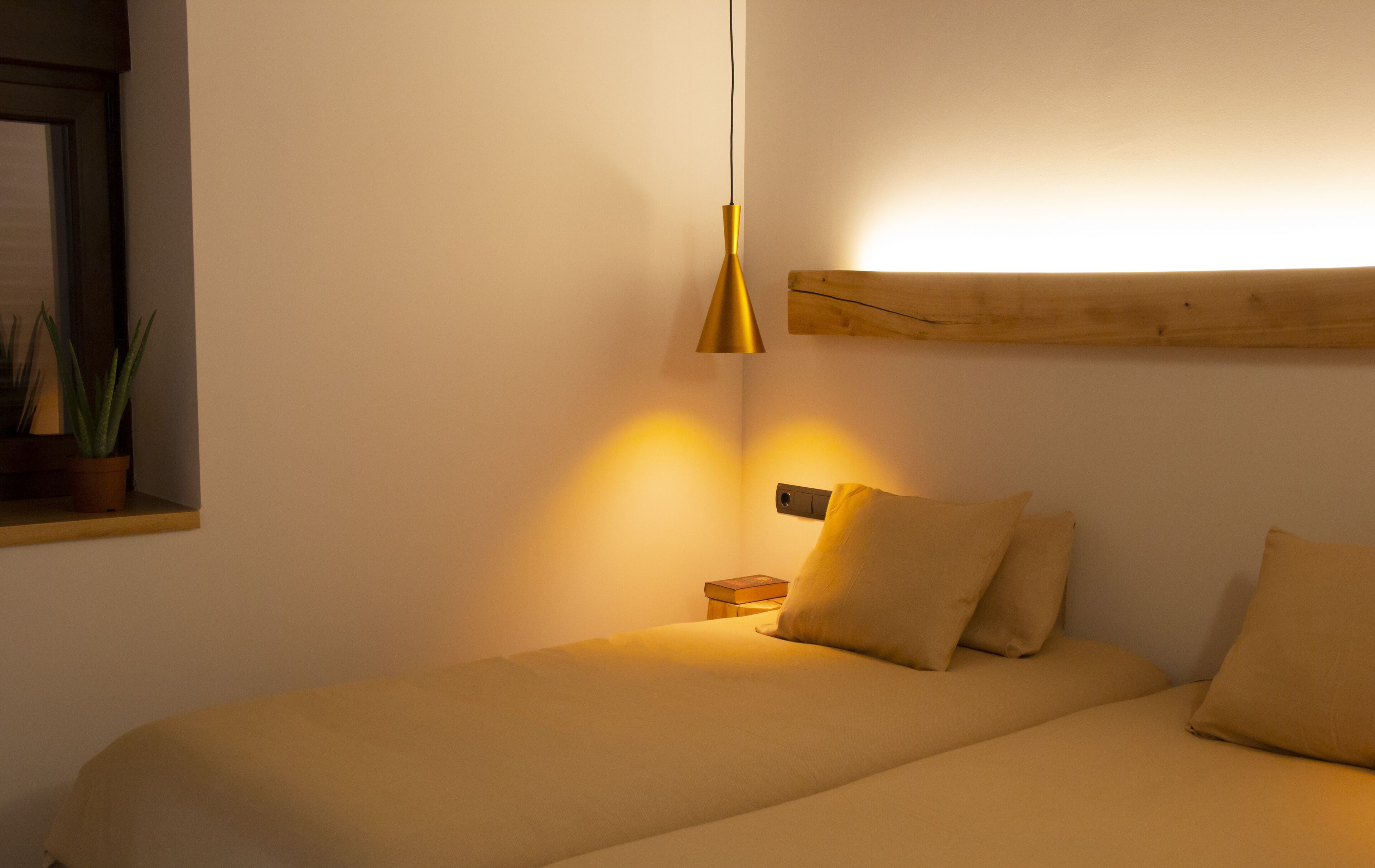 Un dormitorio con cama, mesita de noche, luz de pared y planta en maceta.