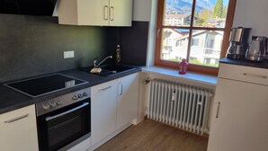 A modern kitchen with a stove, oven, and sink. A window offers a view of a mountain and buildings. - Water lily Apartment (Berchtesgaden)
