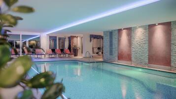Indoor pool, pool umbrellas, sun loungers
