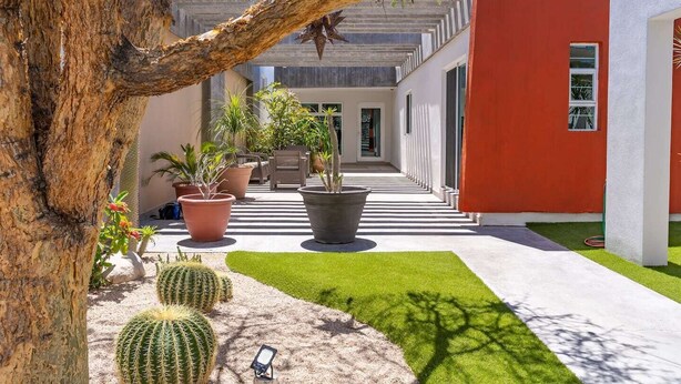 Une cour avec un bâtiment rouge, des plantes en pot et un cactus.