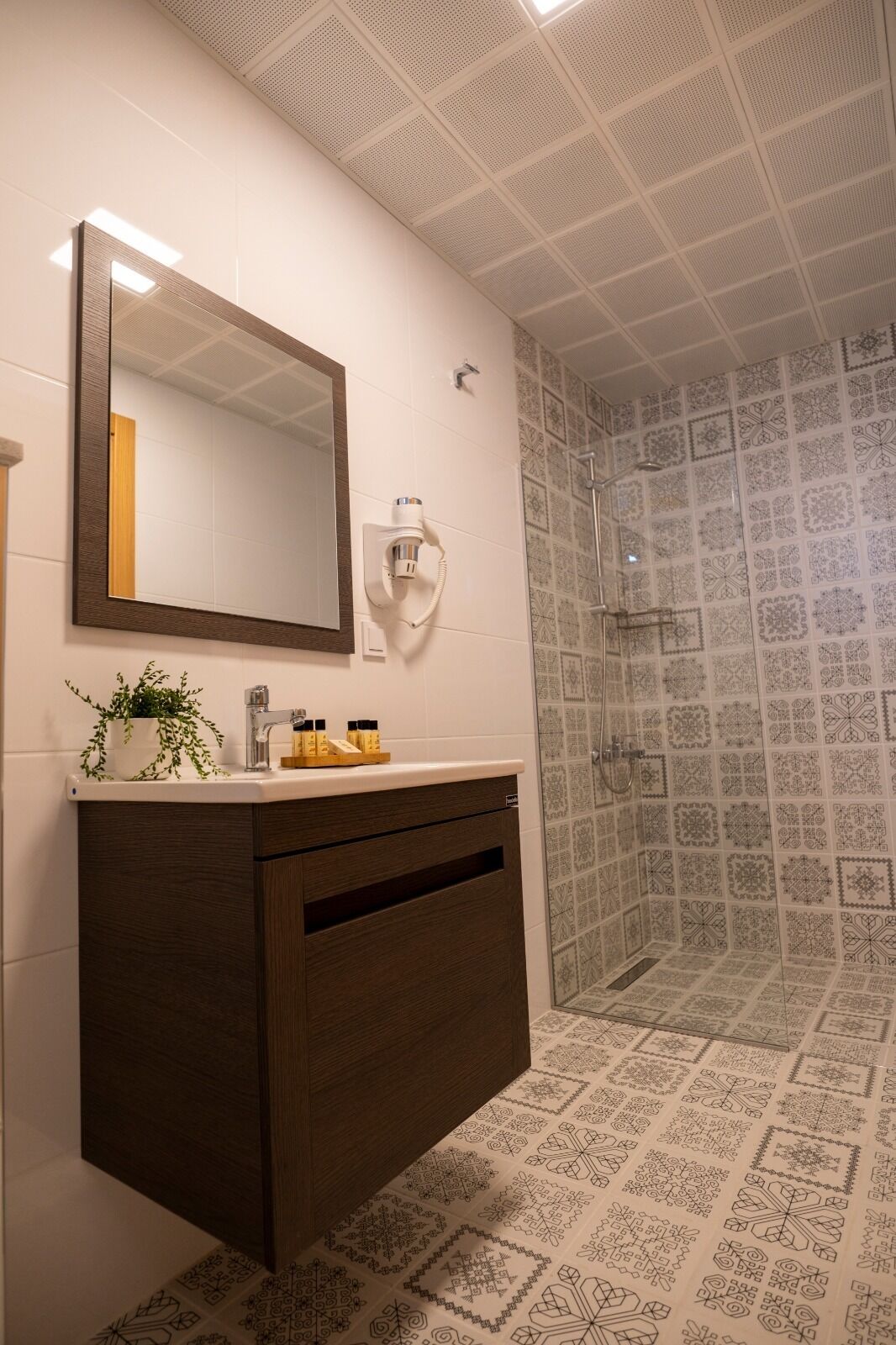 A bathroom with a dark wood vanity, a mirror, a plant, and a shower with patterned tiles.