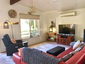 Smart TV, fireplace, DVD player, books