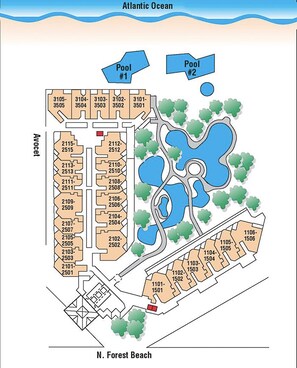 A resort layout with multiple pools, labeled Pool #1 and Pool #2, and a variety of numbered accommodations.