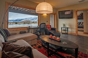 Smart TV, caminetto, libri, studio