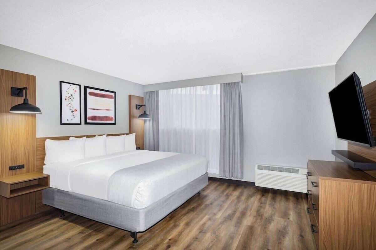 Habitación de hotel moderna con una cama grande, suelo de madera, televisor de pantalla plana y un calefactor.