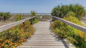 Ein hölzerner Gehweg führt zu einem Strand mit orangefarbenen Blumen und Palmen.