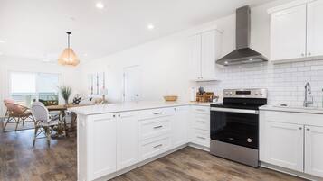 Fridge, dishwasher, coffee/tea maker, cookware/dishes/utensils